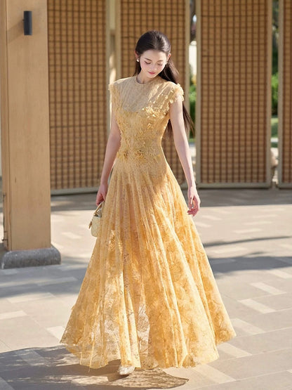 jennifer Lace Flower embellished maxi Dress in yellow