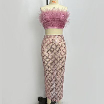 audrey pink feather top sequin Midi Skirt set