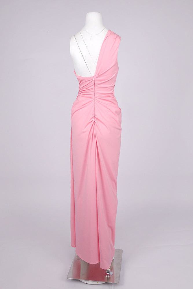 bess One-shoulder slant neck pleated maxi dress in pink