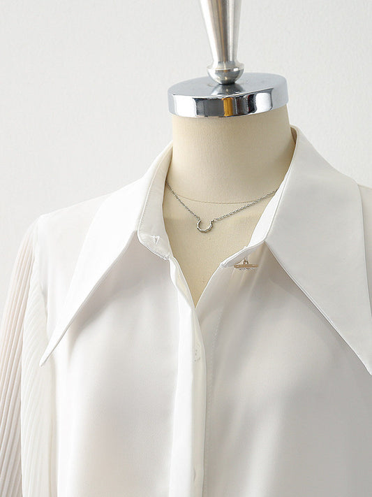 Oversized Point Collar Mixed Fabric Pleated Lantern Sleeve Satin Blouse