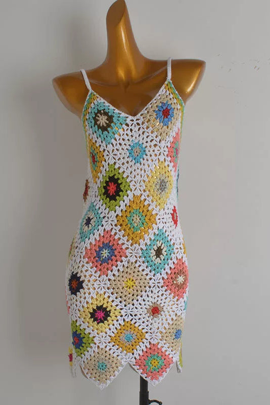 Model color dopamine cut-out handmade crochet V-neck sundress summer backless knitted camisole dress for women