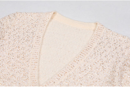 sequin knit v-neck cardigan in beige
