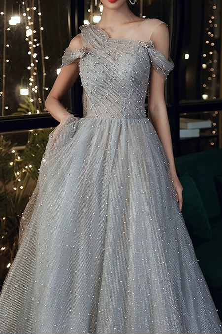 Dusty Blue one-shoulder pearl maxi evening dress