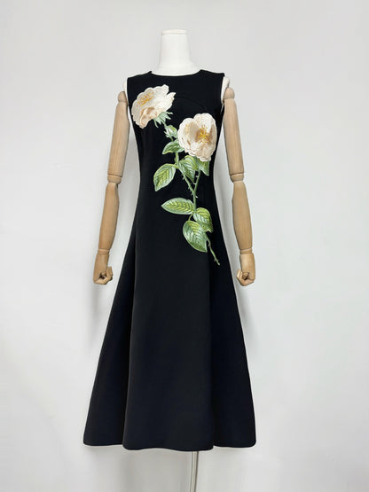kate floral print Embellished Sleeveless Midi Dress in black