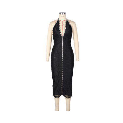 sherry halter rhinestone bandage tassel midi dress in black