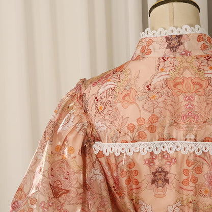 Peach Organza A-Line Tiered Maxi Dress with Botanical Floral Print