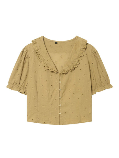 lace embroidered lapel shirt short-sleeved shirt top
