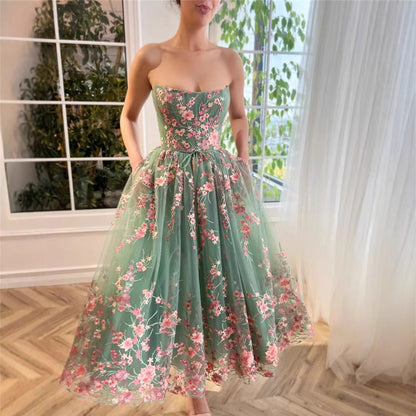 Strapless Floral Tulle Ballerina Midi Dress