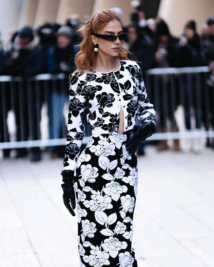 knit floral jacquard midi pencil cardigan skirt set