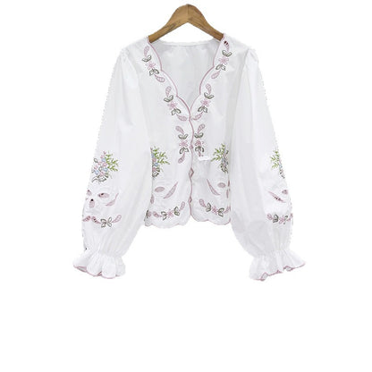Openwork Embroidered V-Neck Closed Flared Sleeve Shirt