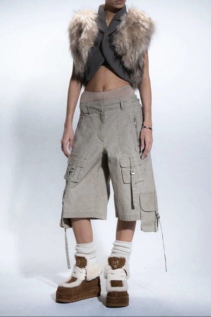 Sleeveless shoulder fur patchwork cropped jacket