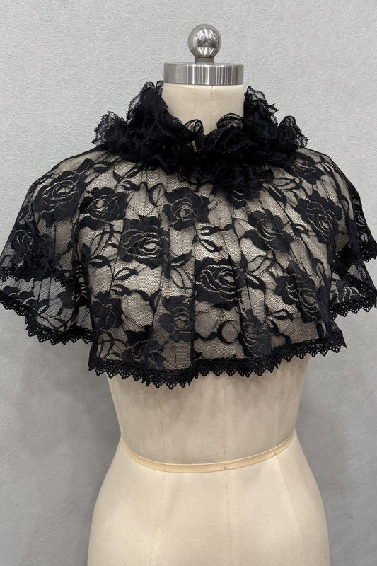 Rose Floral Lace Ruffle High Neck Short Cape Shrug