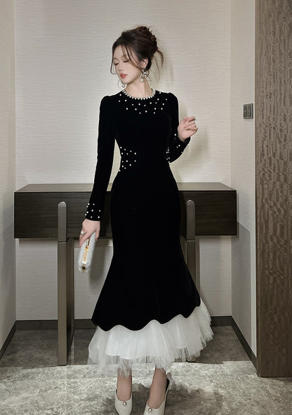 zona black Beaded irregular hem velvet fishtail maxi dress