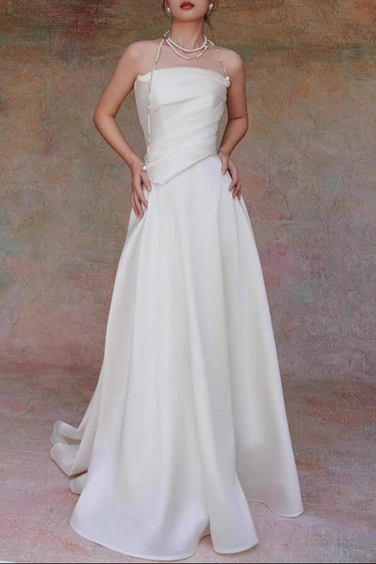 Lydia White French Satin Strapless maxi Train Welcome Gown