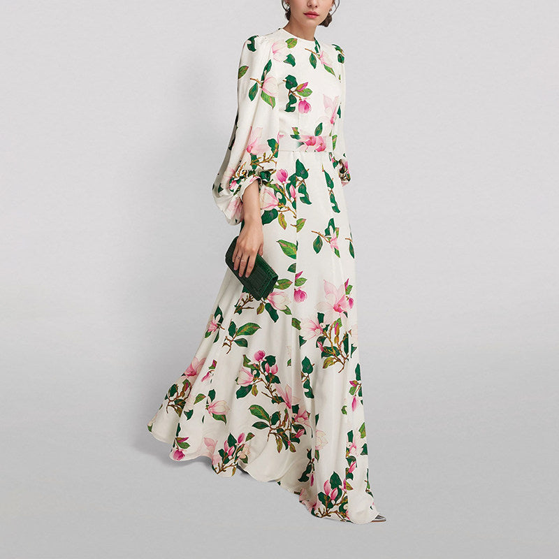 White Floral Print Satin Maxi Dress with Balloon Sleeves