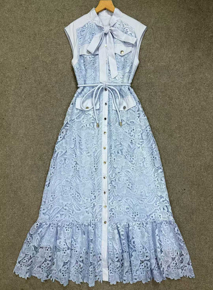 Sky Blue Sleeveless Tie Neck Cargo Pocket Floral Lace Midi Shirt Dress