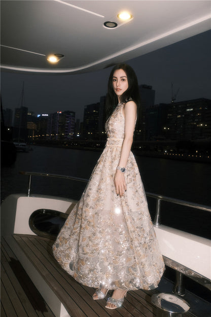 Gold Couture with Floral Embroidery Sequin Banquet Dress