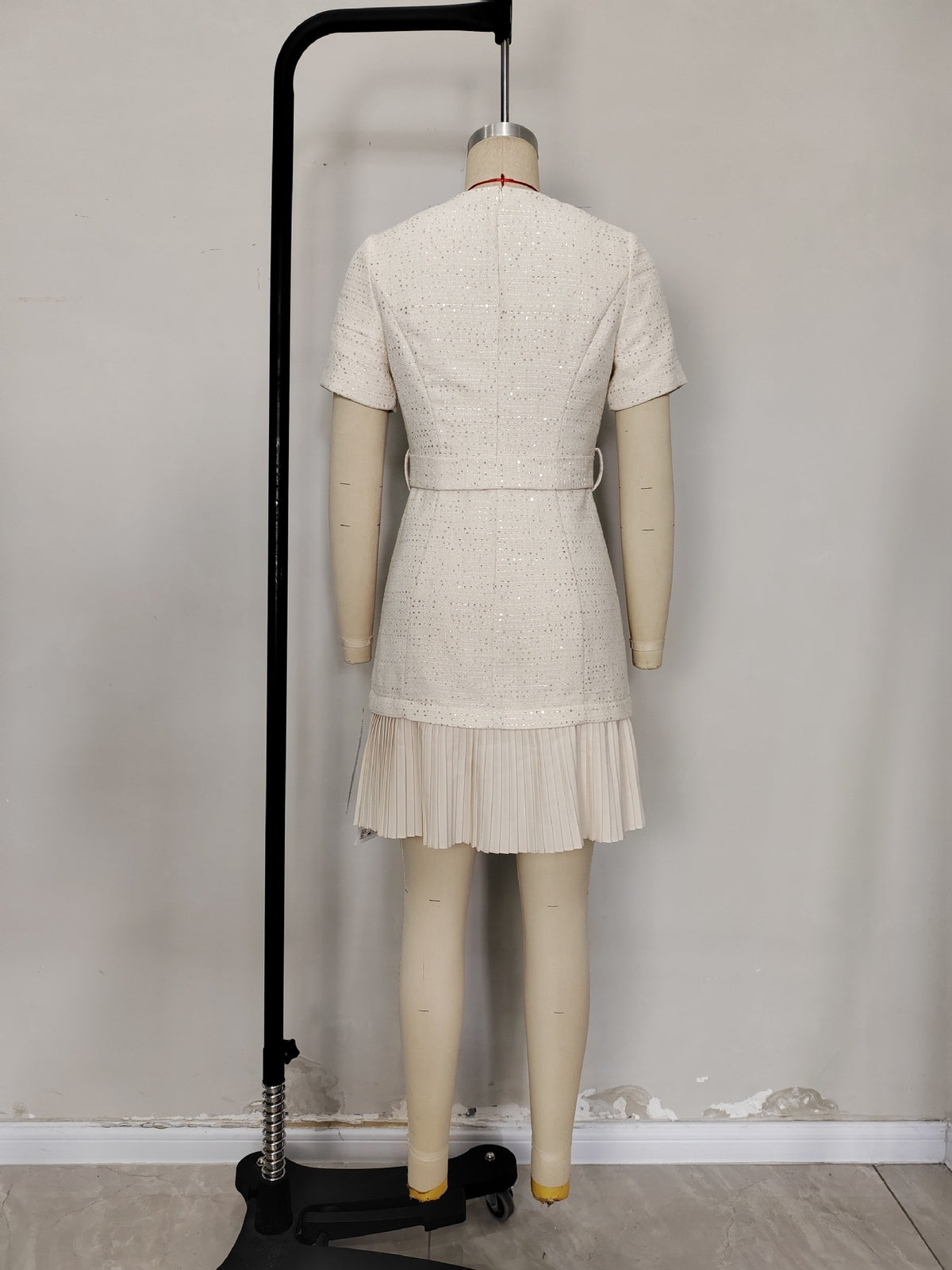 Cream Sparkly Tweed Round Neck Short Sleeve Belted Pleated Hem Mini Dress