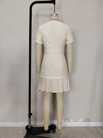 Cream Sparkly Tweed Round Neck Short Sleeve Belted Pleated Hem Mini Dress