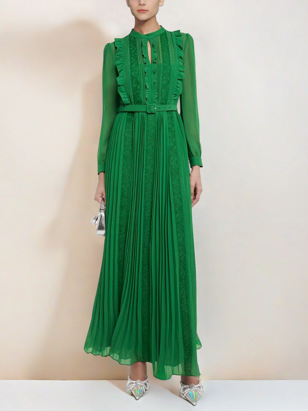 green long sleeve lace splicing pleated dress