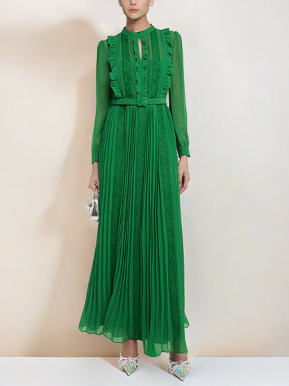 green long sleeve lace splicing pleated dress
