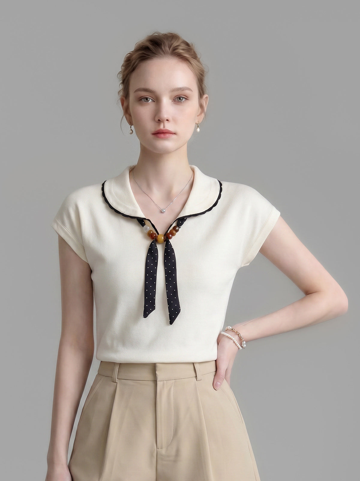 Scalloped Collar Polka Dot Bow Cap Sleeve Knit Top