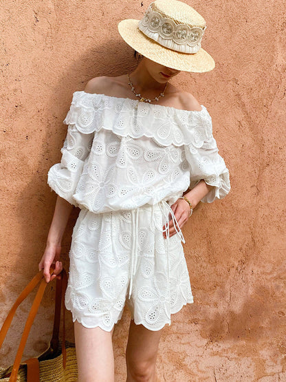 shoulder tops long sleeves embroidered openwork shorts