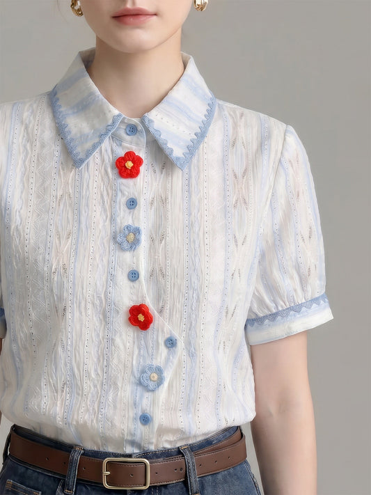 Lace Trim Striped Eyelet Shirt With 3D Floral Buttons