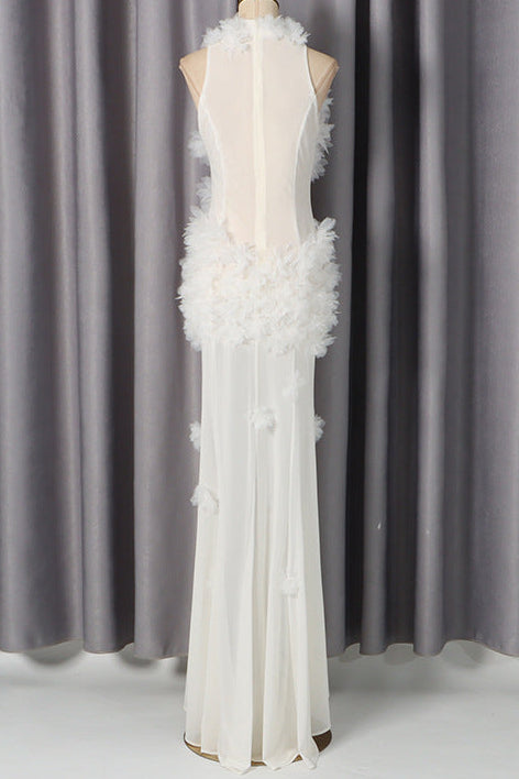 White Halter Maxi Dress with 3D Floral Embellishments