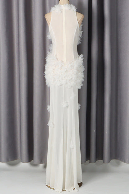 White Halter Maxi Dress with 3D Floral Embellishments