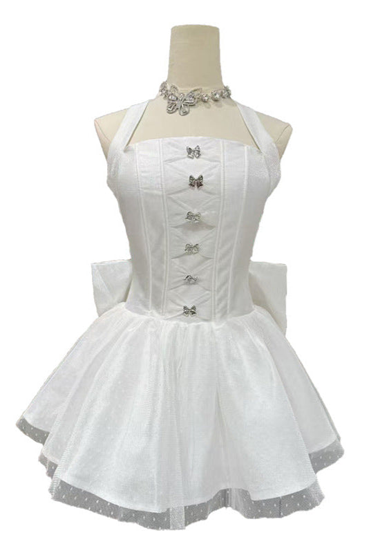 nora off-shoulder Backless lace bow mini dress in white