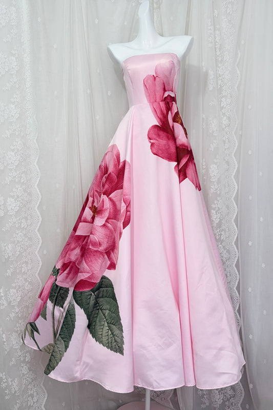 Pink Strapless Large Floral Print Satin Ball Gown