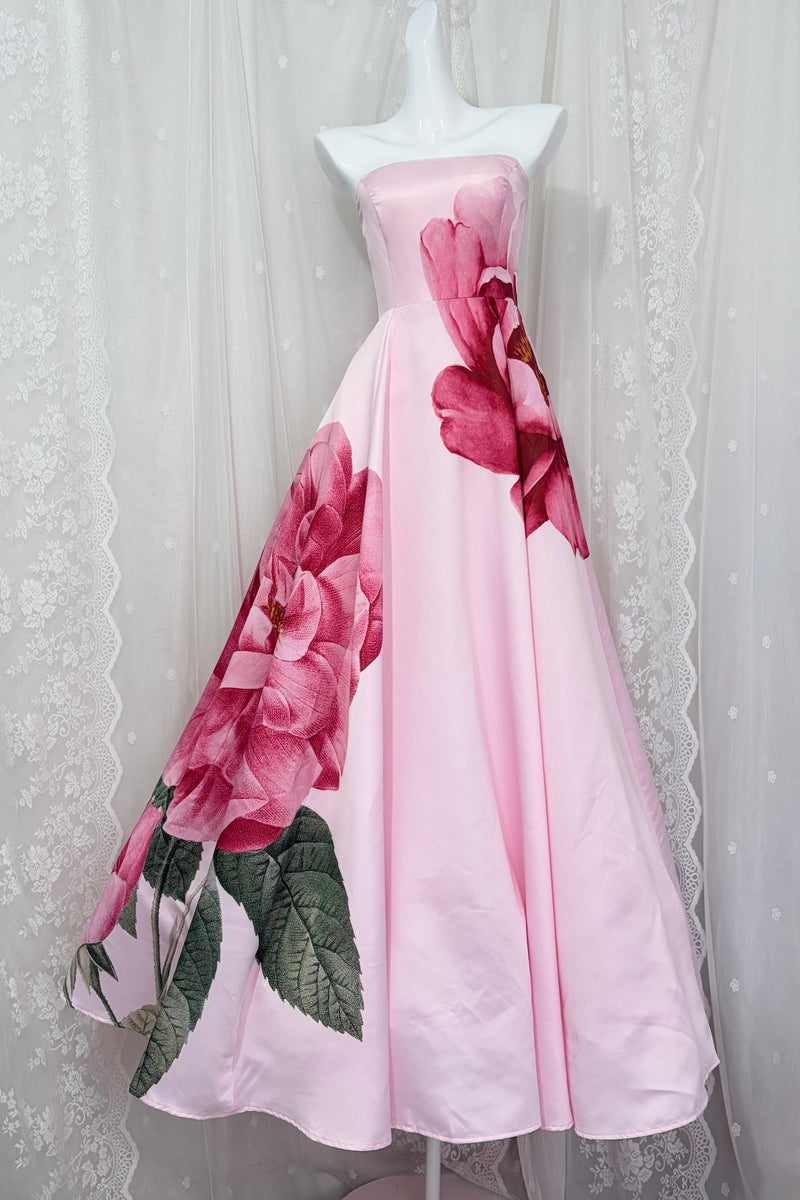 Pink Strapless Large Floral Print Satin Ball Gown