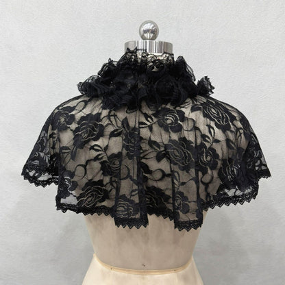 Rose Floral Lace Ruffle High Neck Short Cape Shrug