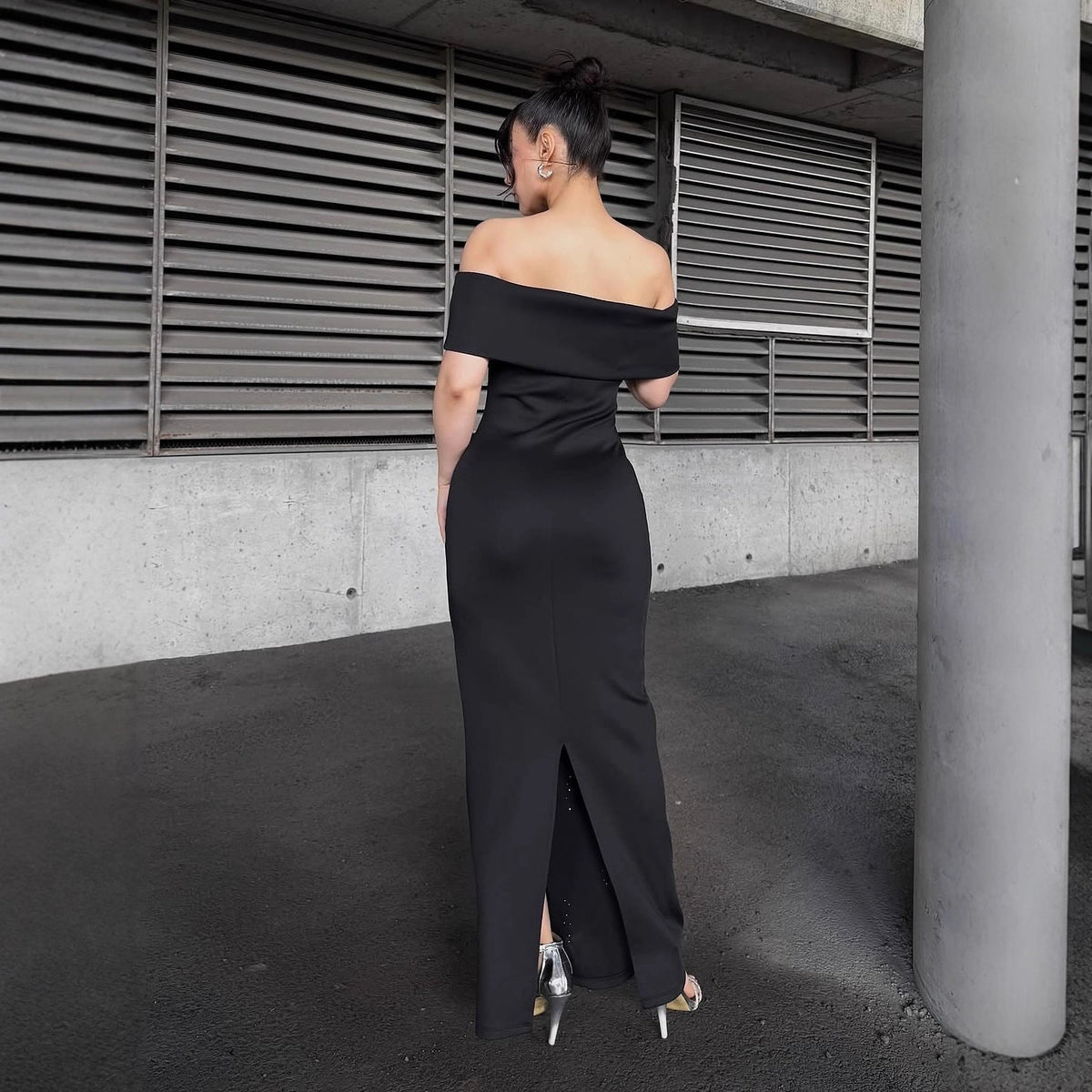 laurel Off-shoulder rhinestone bandage maxi dress in black