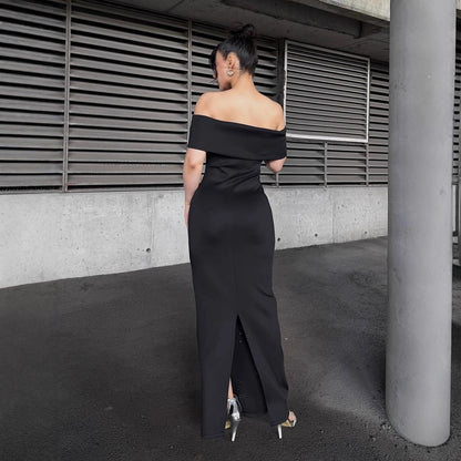 laurel Off-shoulder rhinestone bandage maxi dress in black