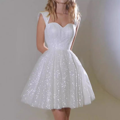 Amity White Sexy Sequined Short Princess Evening Gown Mini Dress