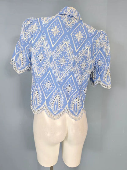 Blue & White Embroidered Puff Sleeve Lace Blouse