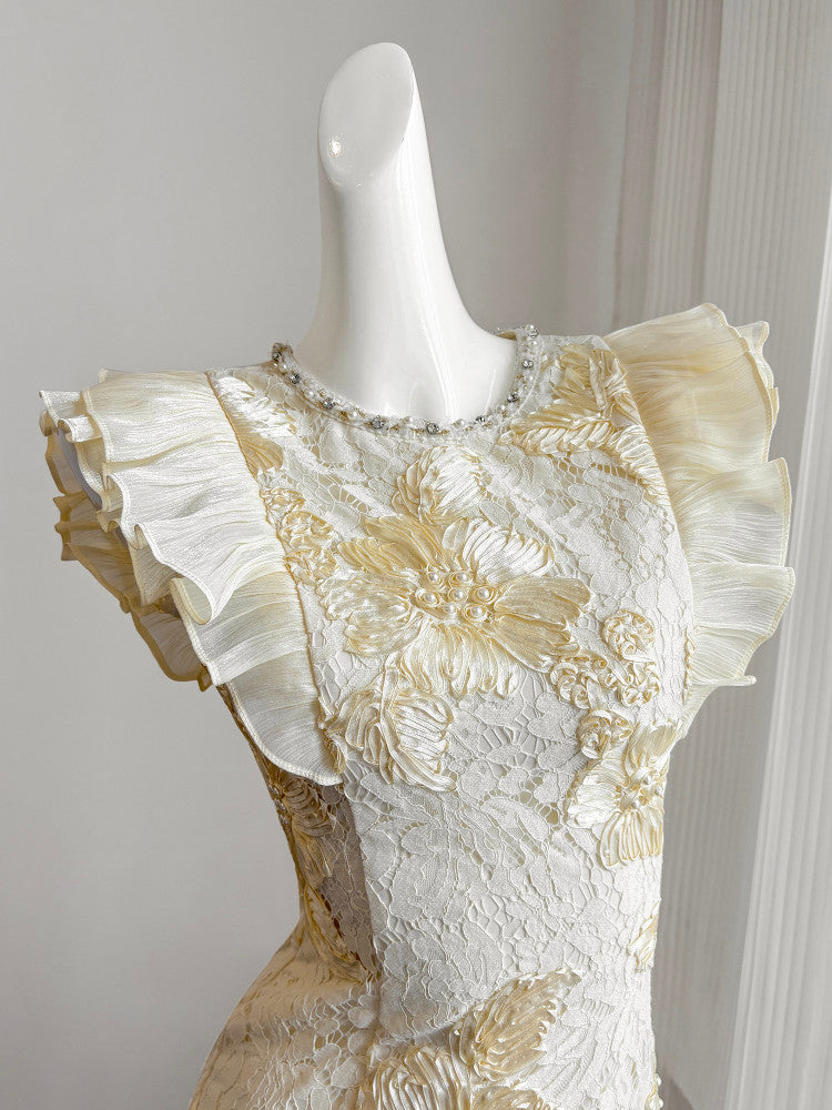 Cream Lace Floral Embroidered Maxi Dress with Ruffled Sleeves
