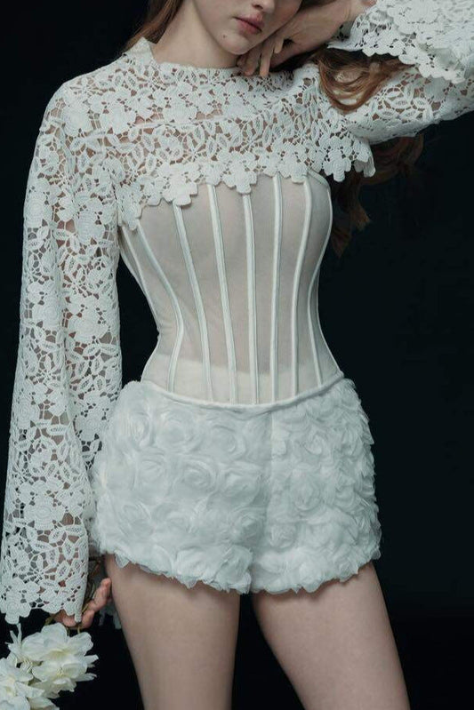 lace long sleeve herring bone top stereoscopic flower shorts set