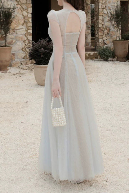 Glitter Tulle Cap Sleeve V-Neck Empire Waist Flowy Maxi Dress
