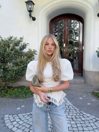 white irregular hem lace patchwork puff sleeves  short sleeve shirt