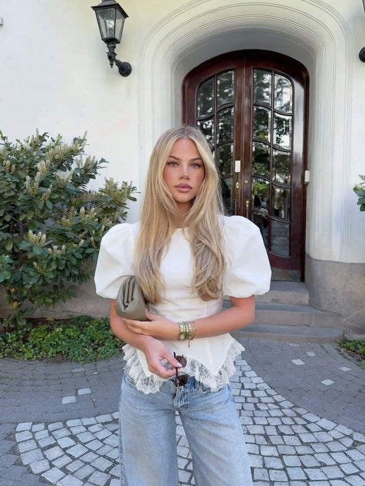 white irregular hem lace patchwork puff sleeves  short sleeve shirt