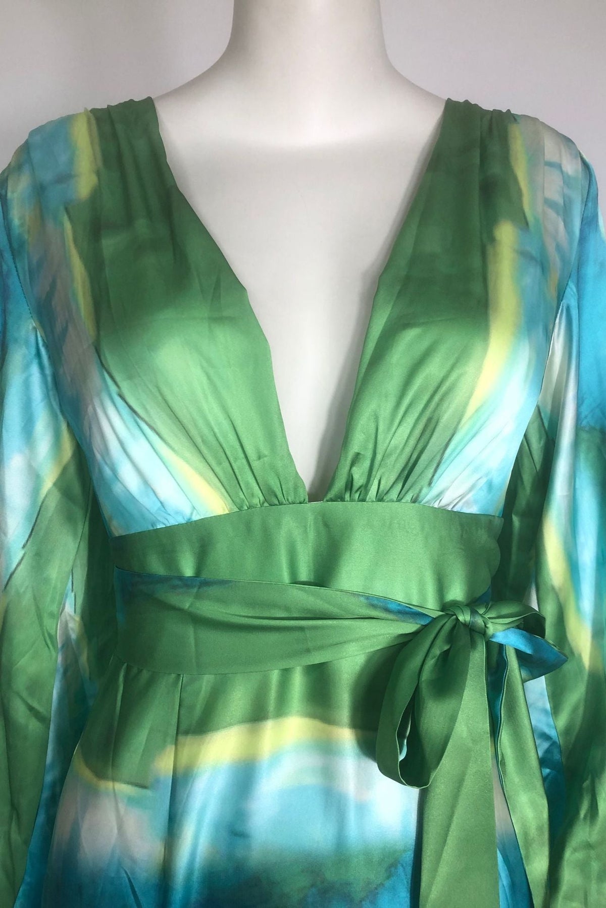 Green multicolor floral print puff sleeve maxi dress