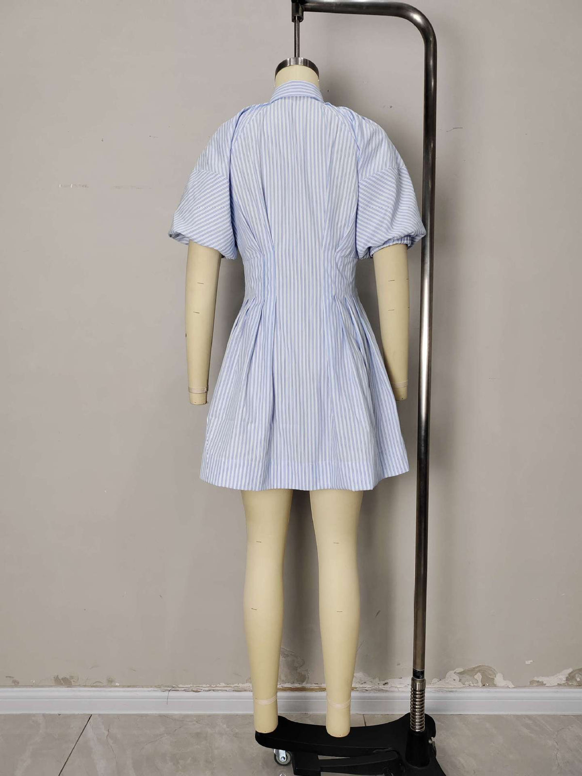 Blue White Stripe Collared Puff Sleeve Button Front Mini Shirt Dress