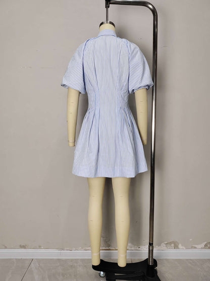 Blue White Stripe Collared Puff Sleeve Button Front Mini Shirt Dress