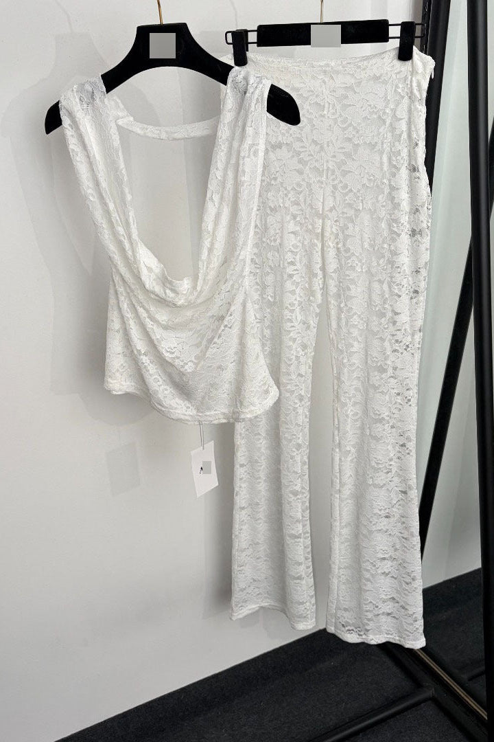 White Sheer Floral Lace Two-Piece Set - Halter Top & Flared Pants