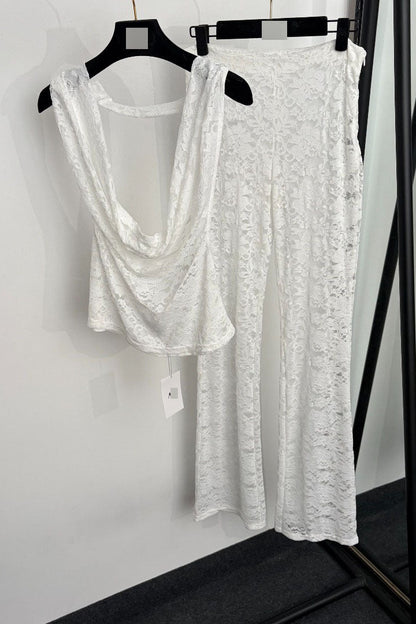 White Sheer Floral Lace Two-Piece Set - Halter Top & Flared Pants
