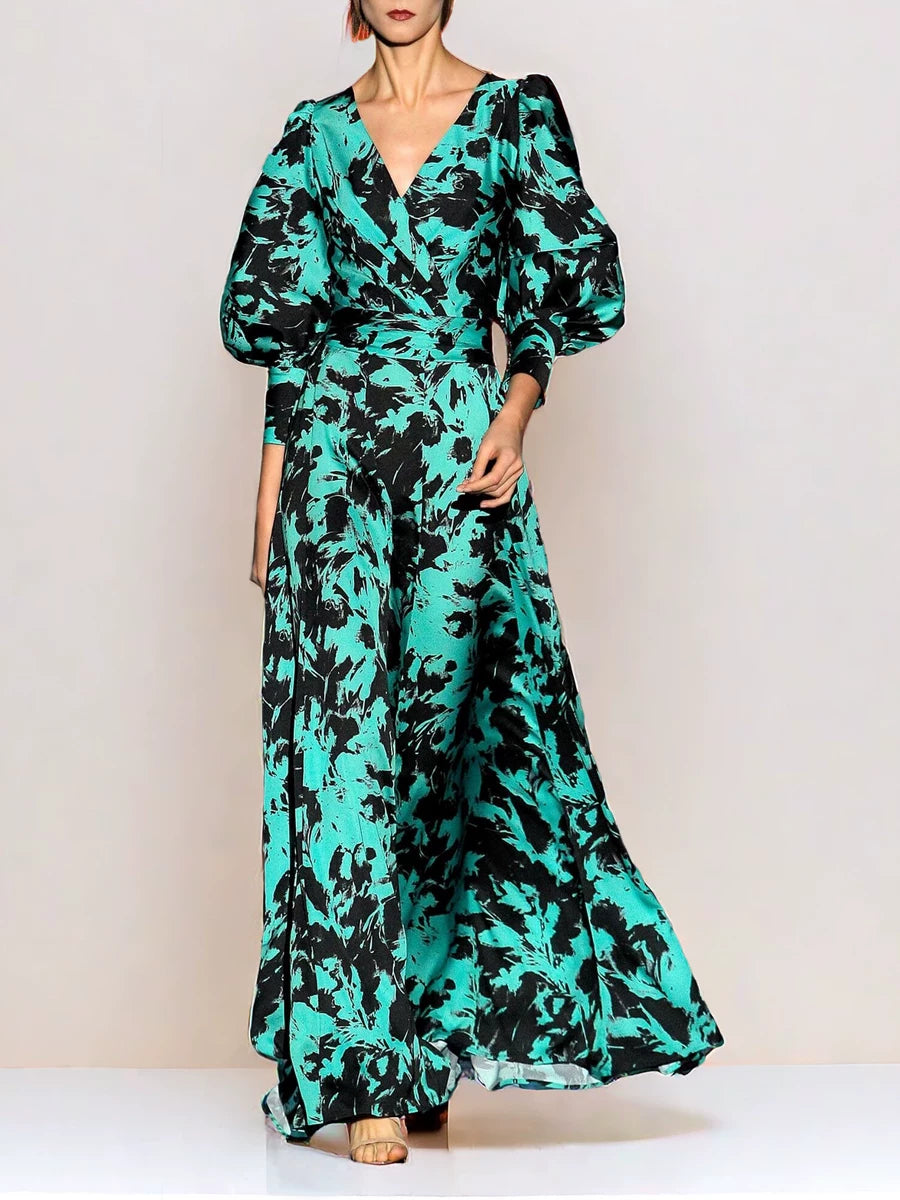 Acetate Satin Floral Dress Women's Vintage Green Lantern Sleeve V-neck Long Skirt Women's Design Sense 2024 Spring/Summer