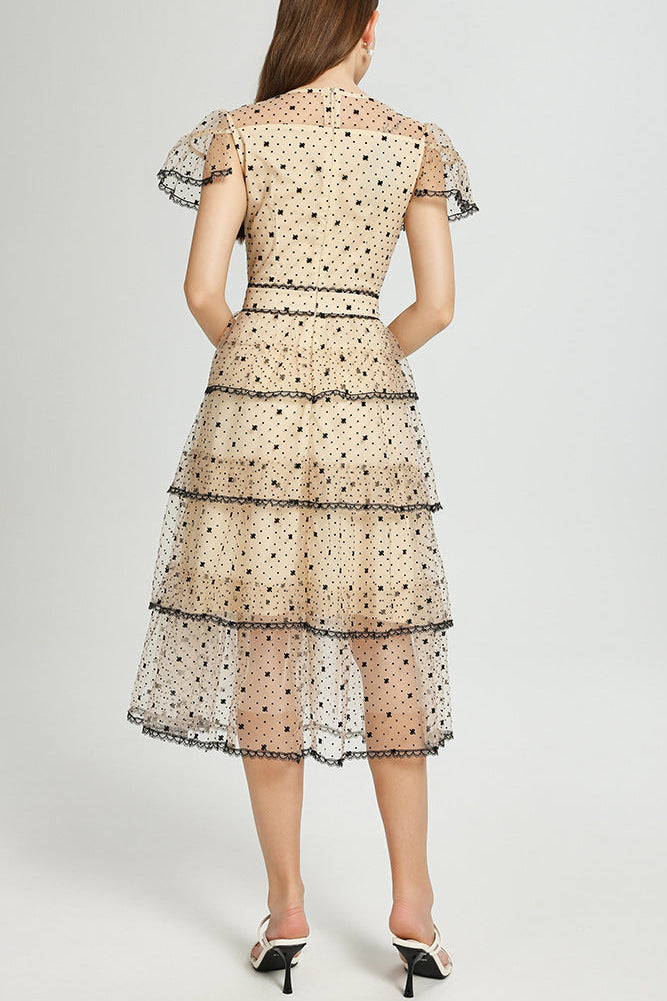 floral Embroidery pleated mesh midi dress in apricot